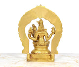 Brass Shiva and Parvati figurine, rear view inside the circular arched frame.