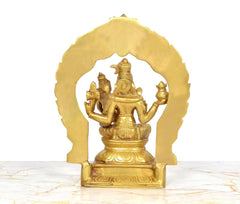 Brass Shiva and Parvati figurine, rear view inside the circular arched frame.