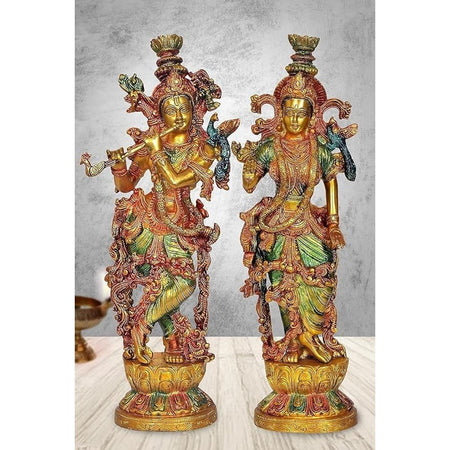 Brass Radha Krishna Statue Pair (Height: 14 Inches)