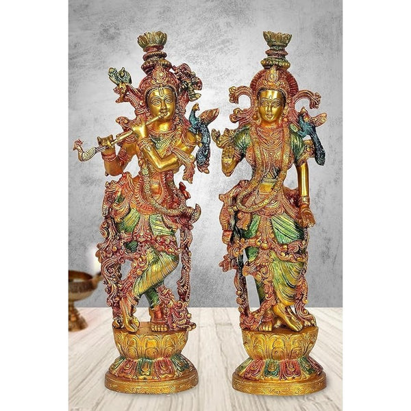 Brass Radha Krishna Statue Idol for Home Decor | Pair | Heigh : 14 Inches | Multicolor