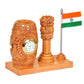 Wooden Pen Stand Stand Holder with with Ashoka Stambh and Watch | Gifting Item | Height : 4.5 inches