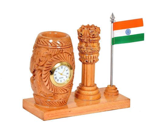 Wooden Pen Stand Stand Holder with with Ashoka Stambh and Watch | Gifting Item | Height : 4.5 inches