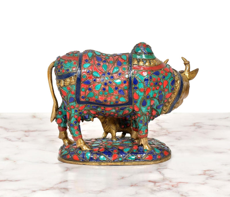 Brass Kamdhenu Cow with Calf Showpiece (Height: 7 inch)