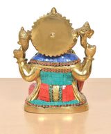 Ganpati Bappa murti back view, brass sheen with teal and red mosaic waist details
