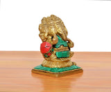 Brass multicolour panchmukhi Ganesha sitting murti, rear-side angle with red drape