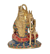 Brass Shiva Shiv Murti statue with trident, back view, gold figure and colorful beaded bands