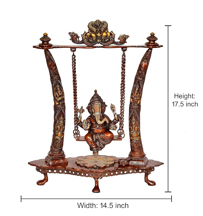 Brass Lord Ganesha On Swing Decorative Showpiece Idol Blue & Red - (Brass, Height 17.5 Inch)