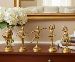 Set of 5 brass ballerina figurines with varied ballet poses, standing on round bases