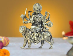 Bronze Durga Maa with Lion Idol Hindu Goddess Sherawali MATA Murti MATA Rani Statue Figurine Home Temple (Height: 6 Inch)