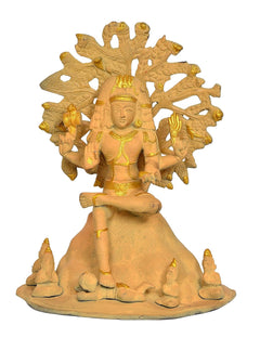 Brass Dakshinamurti Shiva figurine, seated with raised hand and detailed arch halo