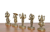 Five brass Dashavatara figurines shown close together on decorative bases