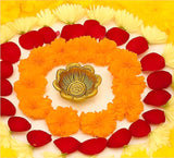 Gold lotus-shaped metal oil diya lamp center with decorative petal ring