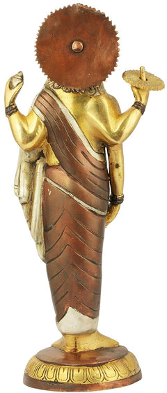 Back view of Dhanvantari figurine in gold and bronze with sunburst headpiece