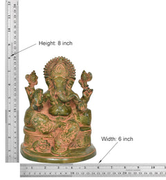 Brass green Ganesh sculpture with size guide: height 8 in, width 6 in, seated figure