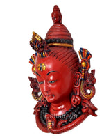 Red Shiva head wall hanging mask, angled profile, sculpted hairline and side ornaments