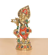 Full view Krishna brass statue with raised hands, decorative crown, and round base
