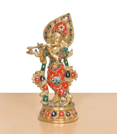 Full view Krishna brass statue with raised hands, decorative crown, and round base
