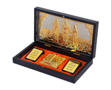 Gold-plated Lord Ram Darbar in open black case with red insert and three decorative panels