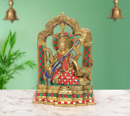 Brass Maa Saraswati Idol Sitting on Hans Goddess of Knowledge and Music (Height 11 Inch)