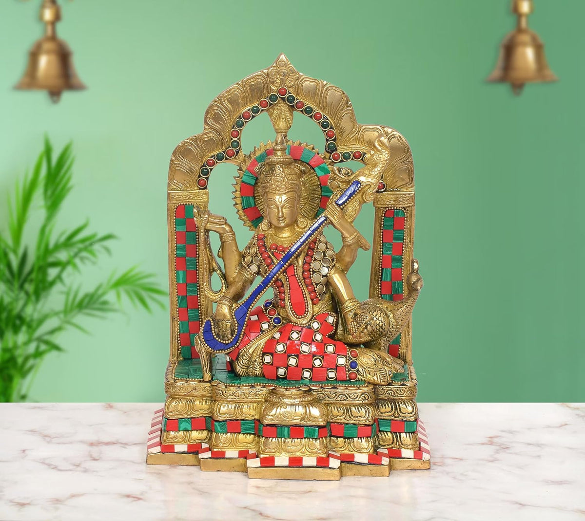 Brass Maa Saraswati Idol Sitting on Hans Goddess of Knowledge and Music (Height 11 Inch)