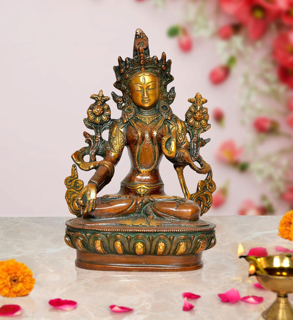 Brass Tara Devi Statue - Handcrafted Hindu Goddess Idol for Home Decor and Pooja Mandir Multicolor (Height 9 Inch)