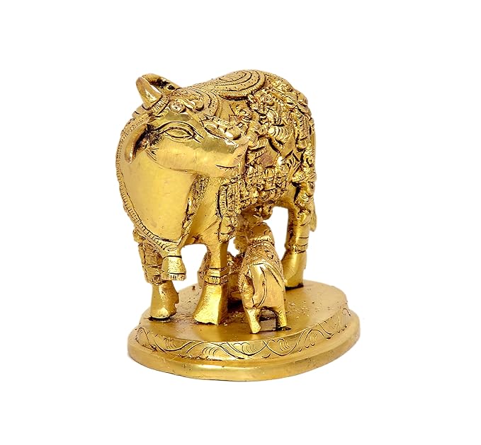 Brass Cow with Calf Pooja Mandir Home Decor Golden (Height 4 Inch)