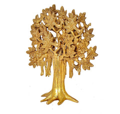 Golden brass Kalpavriksha tree figurine, leafy branches and draping root details