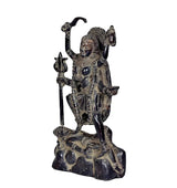 Brass Maa Kali murti idol statue, side view with trident and other handheld items