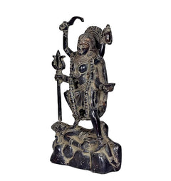 Brass Maa Kali murti idol statue, side view with trident and other handheld items