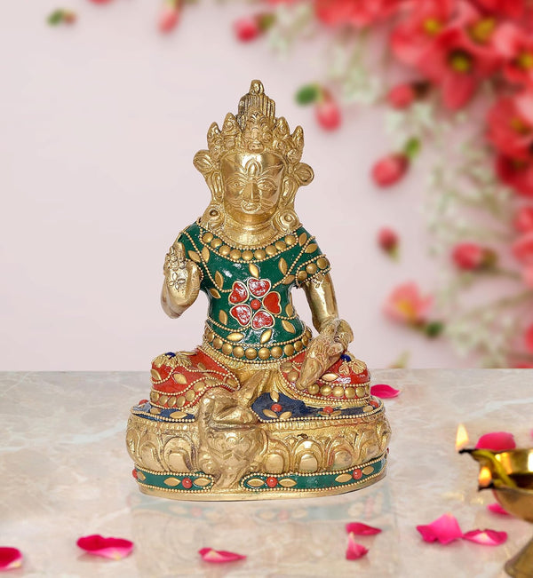 Brass Kubera God of Wealth Kuvera Kuber Kuberan Protector of The World Antique Statue Murti Statue (Height: 7.5 Inch) Mandir Setting