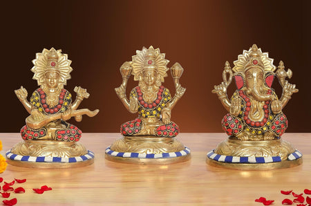Brass Lakshmi Ganesh Saraswati Idol (Height: 5 Inches) (Multicolor)