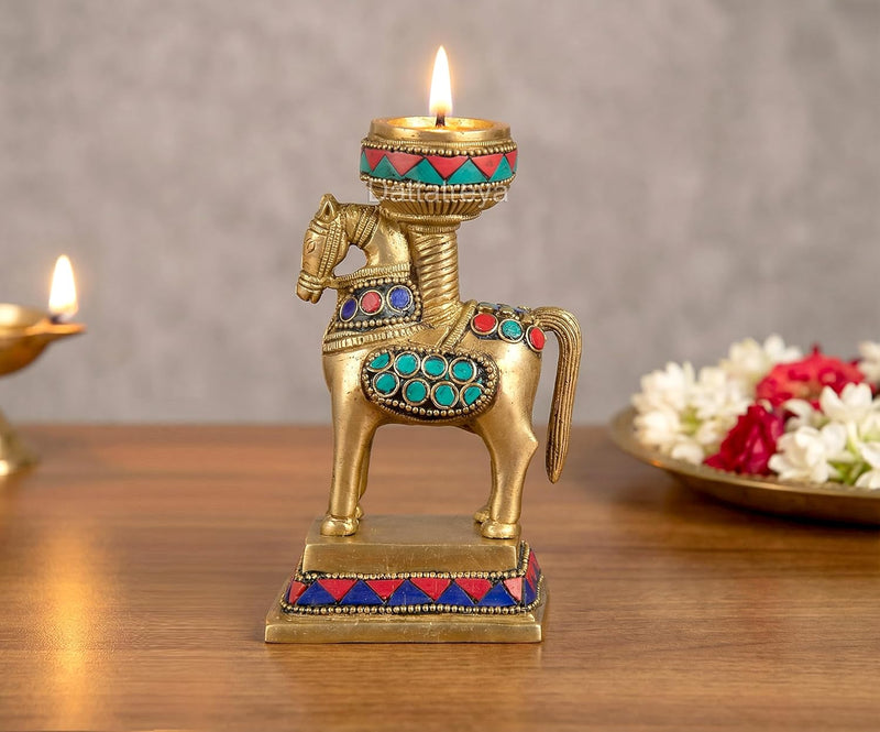 AONA Brass Horse Diya Oil Lamp Decorative Item