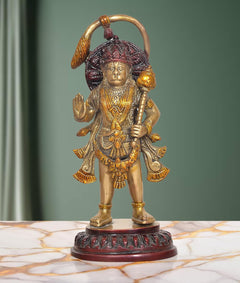Brass Hanuman Ji standing statue, gold tone with dark red textured crown