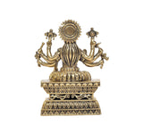 Varahi eight-armed brass murti from behind, flared headdress and ornamented base
