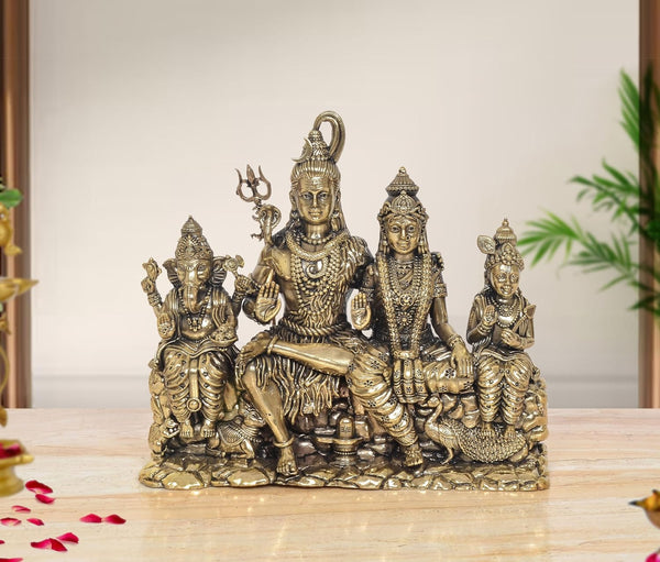 Superfine Brass Shiv Parivar with Kartikeya and Ganesha Idol (Height: 7 inch)