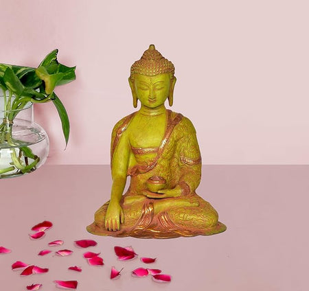 Brass Buddha Statue in Bhumisparsha Pose (Height: 12 Inches)