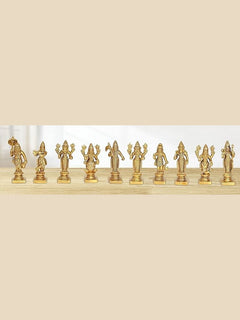 Brass Dashavatara Vishnu statue set of 10, 3-inch tall figures on bases