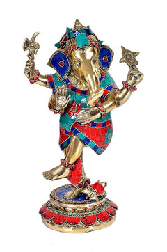 Dancing Ganesha brass statue, teal and red patterned outfit, blue ear ornaments, full view