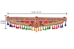 Peacock toran door hanging, 36 inch length; red patterned band with tassels
