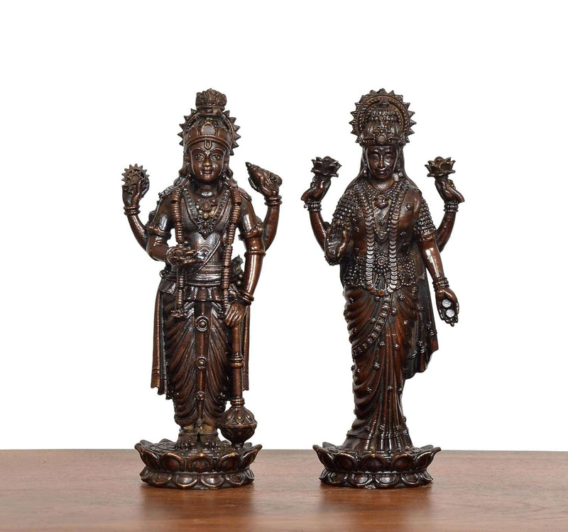 Bronze Standing Maa Lakshmi and Vishnu Idol (Height: 5 Inch)