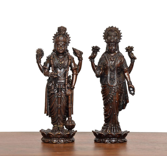 Bronze Standing Maa Lakshmi and Vishnu Religious Statue (Height: 5 Inch)