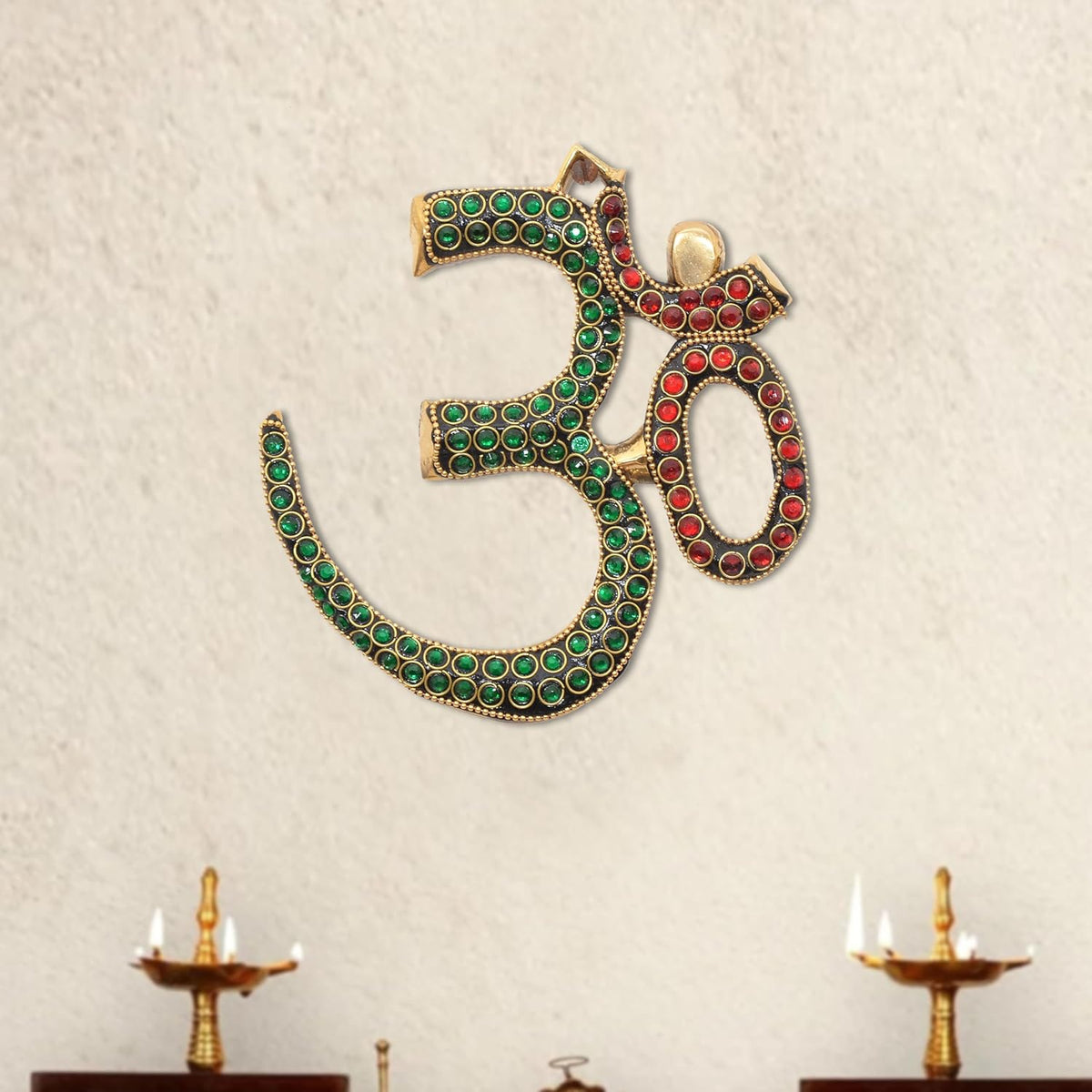 AONA Brass OM wall hanging with green and red jeweled inlay, 6 in height