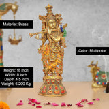 Multicolor brass Krishna figurine with flute and ornate Meenakari jewelry