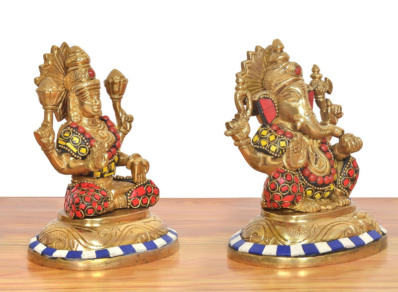 Brass Lakshmi Ganesha Statue - Handcrafted (Height: 5 Inch) (Multicolor 1)
