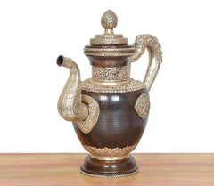 Dark brown brass teapot with curled left spout, raised medallions, and domed lid