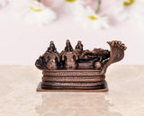 Copper Sheshashayi Vishnu statue, side view with three figures standing on platform