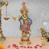 Brass Krishna idol playing flute, 15-inch tall, jeweled crown and multicolor attire