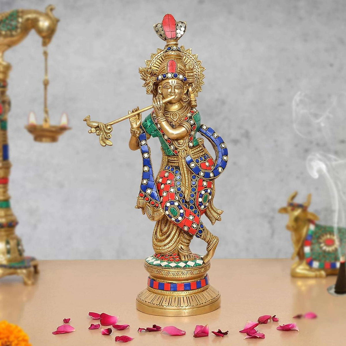 Brass Krishna idol playing flute, 15-inch tall, jeweled crown and multicolor attire
