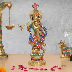 Brass Krishna idol playing flute, 15-inch tall, jeweled crown and multicolor attire