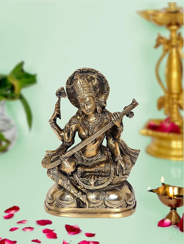 Brass Maa Saraswati Devi murti Idol Statue Goddess of Knowledge and Arts, Height: 7.6 inch Mandir Setting